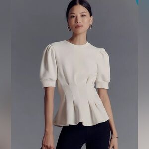Maeve Puff-Sleeve Pleated-Waist Peplum Top XXS